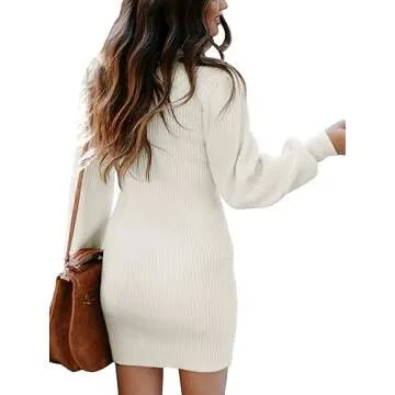 ANRABESS Women Long Sleeve Turtle Mock Neck Rib Knit Stretch Slim Fitted Bodycon Sweater Mini Short Dress 2024 Fall Outfits White Medium