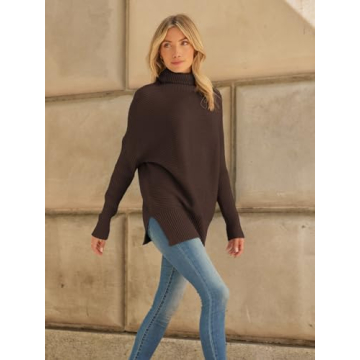 LILLUSORY Womens Turtleneck Oversized Tunic Fall Sweaters 2024 Trendy Casual Long Pullover Knit Winter Casual Cute Poncho Fashion Trendy Clothes Outfits Clothing Tops Brown