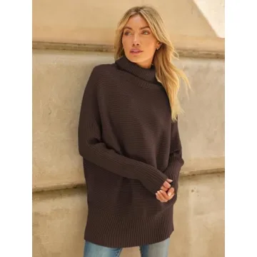 LILLUSORY Womens Turtleneck Oversized Tunic Fall Sweaters 2024 Trendy Casual Long Pullover Knit Winter Casual Cute Poncho Fashion Trendy Clothes Outfits Clothing Tops Brown