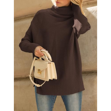 LILLUSORY Womens Turtleneck Oversized Tunic Fall Sweaters 2024 Trendy Casual Long Pullover Knit Winter Casual Cute Poncho Fashion Trendy Clothes Outfits Clothing Tops Brown