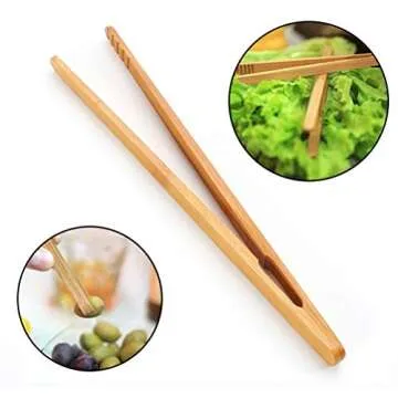 Color Scissor 4 Pieces Bamboo Tongs, 7 Inches Toaster Tongs for Cooking Toast Bread Pickles Tea Nut Bamboo Kitchen Tongs
