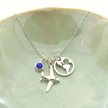 Airplane and Earth Charm Pendant on an 18 Inch Sterling Silver Cable Chain. Airplane Necklace. Gift ...