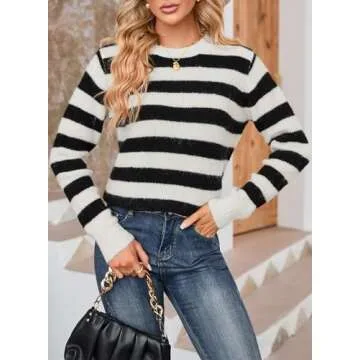 Dokotoo Womens Sweaters Elastic Crewneck Color Block Knit Tops Cute Loose Long Length Wool Comfy Fitted Juniors Pullover Sweater Womens Fall Fashion 2025 Black Small