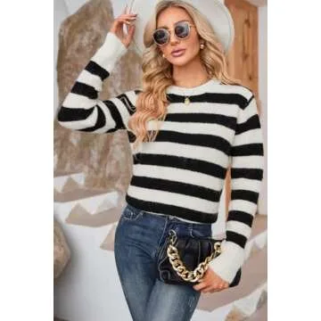 Dokotoo Womens Sweaters Elastic Crewneck Color Block Knit Tops Cute Loose Long Length Wool Comfy Fitted Juniors Pullover Sweater Womens Fall Fashion 2025 Black Small