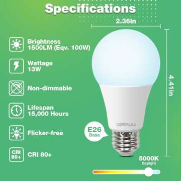 DEGNJU A19 LED Light Bulbs, 100 Watt Equivalent LED Bulbs, Daylight 5000K, 1500 Lumens, E26 Standard...