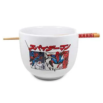 Silver Buffalo Marvel Spider-Man Japanese Manga Comic Panels Ceramic Ramen Noodle Rice Bowl with Cho...