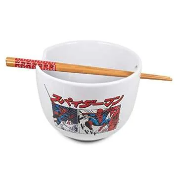 Silver Buffalo Marvel Spider-Man Japanese Manga Comic Panels Ceramic Ramen Noodle Rice Bowl with Chopsticks, Microwave Safe, 20 Ounces