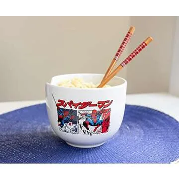 Silver Buffalo Marvel Spider-Man Japanese Manga Comic Panels Ceramic Ramen Noodle Rice Bowl with Chopsticks, Microwave Safe, 20 Ounces