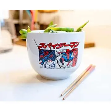 Silver Buffalo Marvel Spider-Man Japanese Manga Comic Panels Ceramic Ramen Noodle Rice Bowl with Chopsticks, Microwave Safe, 20 Ounces