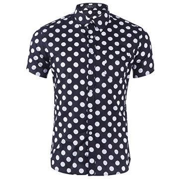 CATERTO Men's Premium Polka Dot Print Short Sleeve Casual Shirt in Black