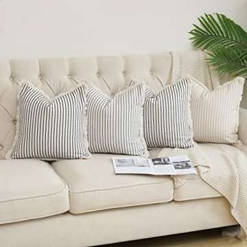 Hckot Throw Pillow Covers 24x24 Set of 2 Striped Pillow Covers with Fringe Chic Cotton Decorative Pillows Square Cushion Covers for Sofa Couch Bed Living Room Farmhouse Decor,Khaki