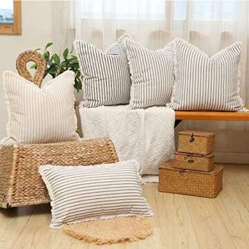 Hckot Throw Pillow Covers 24x24 Set of 2 Striped Pillow Covers with Fringe Chic Cotton Decorative Pillows Square Cushion Covers for Sofa Couch Bed Living Room Farmhouse Decor,Khaki
