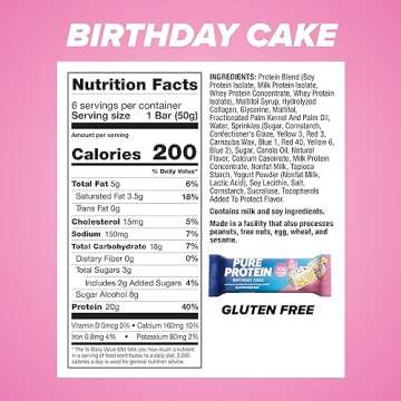 Pure Protein Bars, High Protein, Nutritious Snacks to Support Energy, Low Sugar, Gluten Free, Birthday Cake, 1.76 Ounce (Pack of 6)