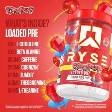 Ryse Loaded Pre Workout Powder Supplement for Men & Women | Pumps, Energy, Focus | Beta Alanine + Citrulline | 390mg Caffeine | 30 Servings (Cherry Ring Pop)