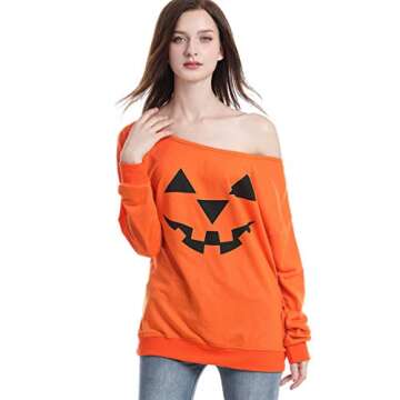 Rysly Womens Sexy Off The Shoulder Halloween Pumpkin Sweatshirts Pullover Costumes Plus Size M Orange