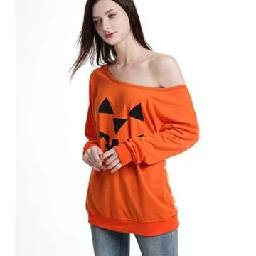 Rysly Womens Sexy Off The Shoulder Halloween Pumpkin Sweatshirts Pullover Costumes Plus Size M Orange