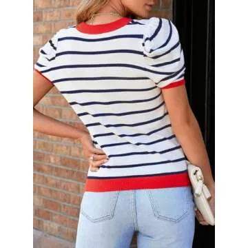 Dokotoo Womens Summer Tops 2025 Fashion Crewneck Cute Orange Striped Shirts Puff Short Sleeve Color ...