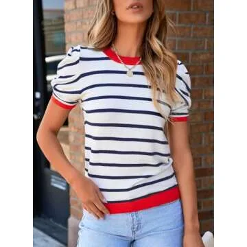 Dokotoo Womens Summer Tops 2025 Fashion Crewneck Cute Orange Striped Shirts Puff Short Sleeve Color Block Dressy Casual Blouses Elegant Ribbed Knit Business Causal Clothes Medium