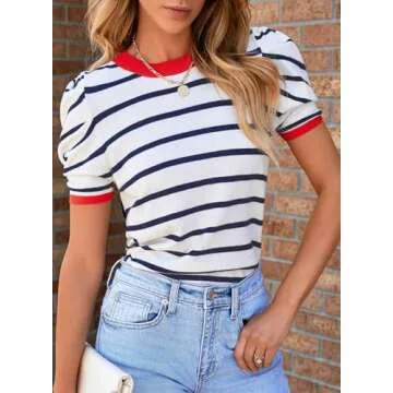 Dokotoo Womens Summer Tops 2025 Fashion Crewneck Cute Orange Striped Shirts Puff Short Sleeve Color Block Dressy Casual Blouses Elegant Ribbed Knit Business Causal Clothes Medium