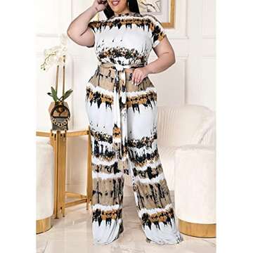 SOMTHRON Women's Plus Size 2 Piece Outfits Tie Dye Print Short Sleeve Tied Knot Crop Top Wide Leg Pockets Long Pants Set(YE-3XL) A-Yellow