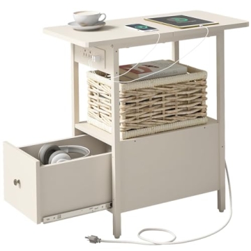 LIDYUK End Table with Charging Station & Drawer - Modern Nightstand for Small Spaces