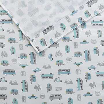 Intelligent Design Microfiber Cozy Bed Sheet Set, Modern All Season Bedding & Pillowcases, Premium 14" Elastic Pocket Fits up to 16" Mattress, Queen Grey/Blue Road Trip 4 Piece