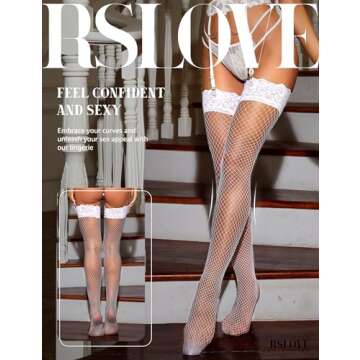 RSLOVE Women's Sexy Fishnet Thigh-High Stockings with Silicone Lace Top Sheer Hosiery White