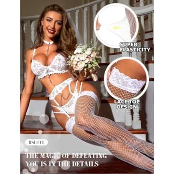 RSLOVE Women's Sexy Fishnet Thigh-High Stockings with Silicone Lace Top Sheer Hosiery White