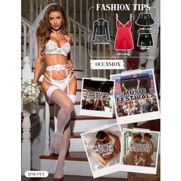 RSLOVE Women's Sexy Fishnet Thigh-High Stockings with Silicone Lace Top Sheer Hosiery White