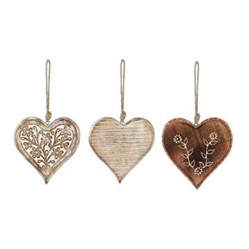 Floral Heart Mango Wood Ornaments Set of 3