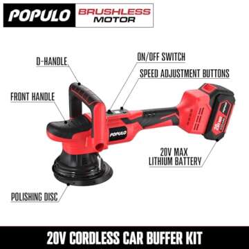 POPULO 20V Cordless Car Polishing Kit with 4.0 Ah Batteries - 7-Speed Adjustment for Effortless Car ...