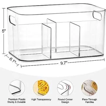 5-Compartment Clear Plastic Bin - Divided Art Supplies, Cosmetic Makeup Caddy Organizer - Multiuse S...