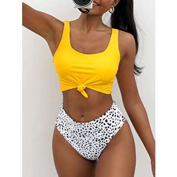 ZAFUL Women's High Waisted Bikini Scoop Neck Swimsuit Two Pieces Bathing Suit D-Yellow M