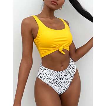 ZAFUL Women's High Waisted Bikini Scoop Neck Swimsuit Two Pieces Bathing Suit D-Yellow M