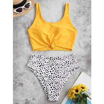 ZAFUL Women's High Waisted Bikini Scoop Neck Swimsuit Two Pieces Bathing Suit D-Yellow M