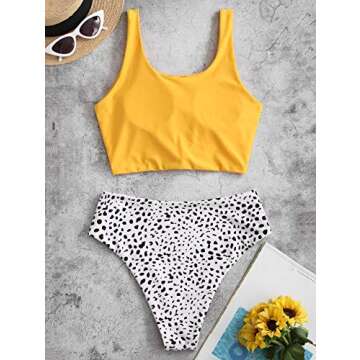ZAFUL Women's High Waisted Bikini Scoop Neck Swimsuit Two Pieces Bathing Suit D-Yellow M