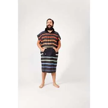 Nomadix Changing Poncho - M/L - Quick Dry & Absorbent Hooded Surf & Swim Poncho - Sewn Sides For Private Changing - Front Pocket Storage - Made From Post-Consumer Recycled Materials - Pinstripes Multi