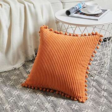 Fancy Homi Pack of 2 Corduroy Fall Decorative Throw Pillow Covers with Pom-poms, Solid Square Cushio...