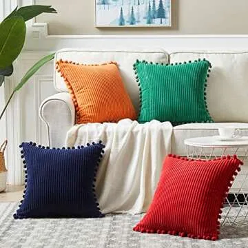 Fancy Homi Pack of 2 Corduroy Fall Decorative Throw Pillow Covers with Pom-poms, Solid Square Cushion Case Pillow Cases Set for Couch Sofa Bedroom Car Living Room (18x18 Inch/45x45 cm, Orange)