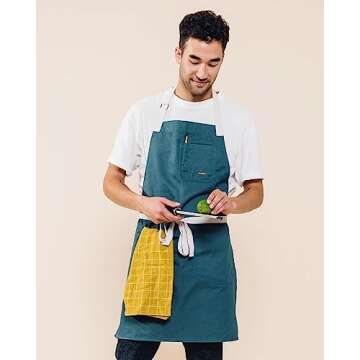 Caldo Daily Cotton Kitchen Apron for Cooking- Mens and Womens Professional Chef or Server Bib Apron - Adjustable Straps with Pockets and Towel Loop (Spruce)