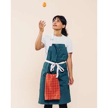 Caldo Daily Cotton Kitchen Apron for Cooking- Mens and Womens Professional Chef or Server Bib Apron - Adjustable Straps with Pockets and Towel Loop (Spruce)
