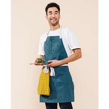 Caldo Daily Cotton Kitchen Apron for Cooking- Mens and Womens Professional Chef or Server Bib Apron - Adjustable Straps with Pockets and Towel Loop (Spruce)