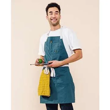 Caldo Daily Cotton Kitchen Apron for Cooking- Mens and Womens Professional Chef or Server Bib Apron - Adjustable Straps with Pockets and Towel Loop (Spruce)