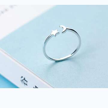 NewZenro Crescent Moon Star Thin Minimalist Cute 925 Sterling Silver Engagement Tiny Open Tail Rings Dainty Adjustable Finger Promise Statement Small Ring Jewelry Gifts for Birthday Women Daughter