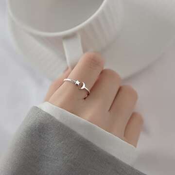 NewZenro Crescent Moon Star Thin Minimalist Cute 925 Sterling Silver Engagement Tiny Open Tail Rings Dainty Adjustable Finger Promise Statement Small Ring Jewelry Gifts for Birthday Women Daughter
