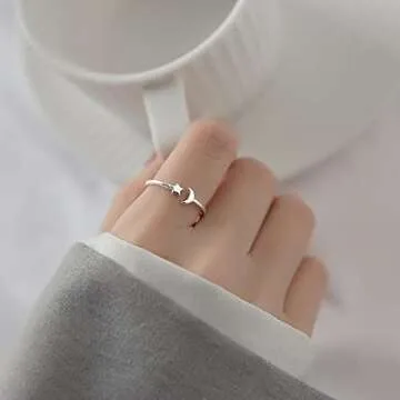 NewZenro Crescent Moon Star Thin Minimalist Cute 925 Sterling Silver Engagement Tiny Open Tail Rings Dainty Adjustable Finger Promise Statement Small Ring Jewelry Gifts for Birthday Women Daughter