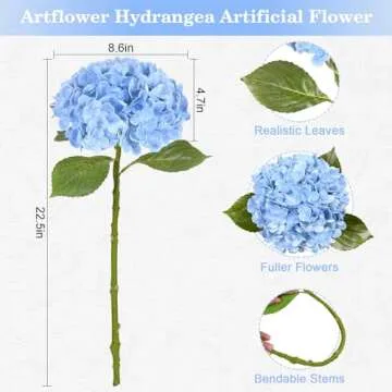 Artflower 4Pcs Real Touch Hydrangea Artificial Flowers, 22.5'' Blue Full Latex Faux Hydrangea Flowers for Home Floral Arrangements Wedding Bouquets Kitchen Table Centerpiece Decorations