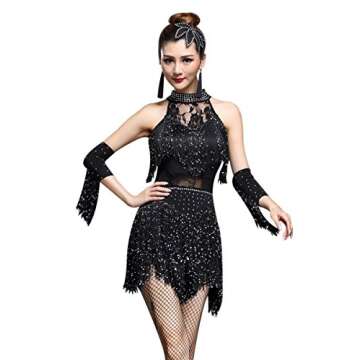 ZX Women's Rhinestone Tassel Flapper Latin Rumba Dance Dress 4 Pieces Outfits, Black, Medium