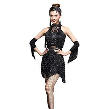 ZX Women's Rhinestone Tassel Flapper Latin Rumba Dance Dress 4 Pieces Outfits, Black, Medium