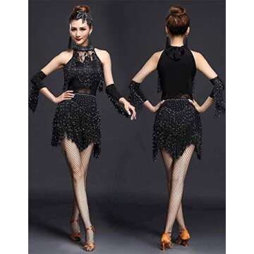 ZX Women's Rhinestone Tassel Flapper Latin Rumba Dance Dress 4 Pieces Outfits, Black, Medium